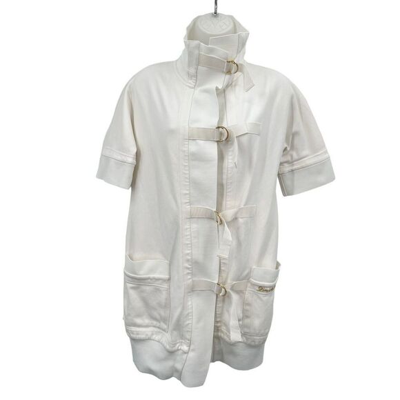 Love Moschino Tunic Top Women Size 4 White Short Sleeve Strap Closure High Neck - Picture 1 of 16